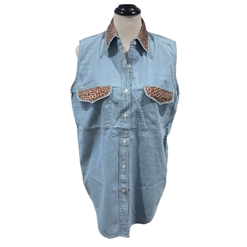 Vintage Lew Magram 90s Denim Leopard Print Button Down Sleeveless Top Size Small